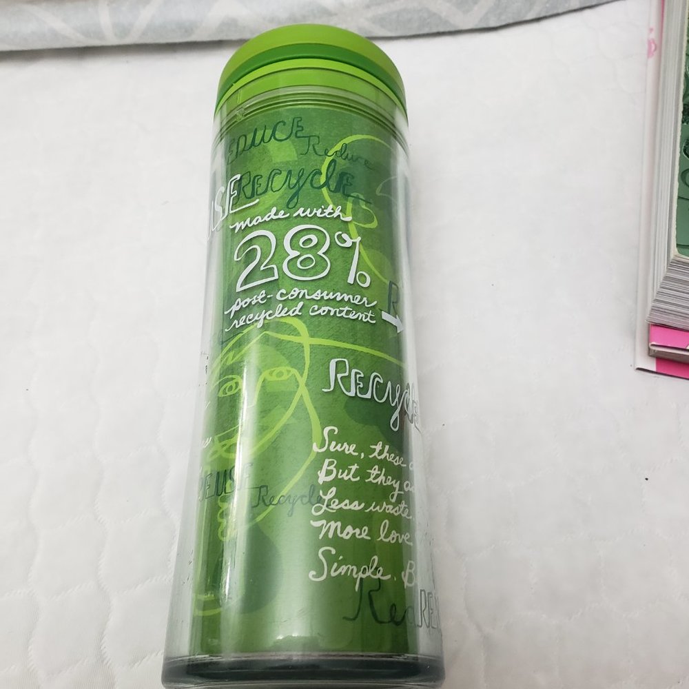 Starbucks 2008 Green Reduce Reuse Recycle Travel Coffee Mug Tumbler 16 Oz - Picture 2 of 8